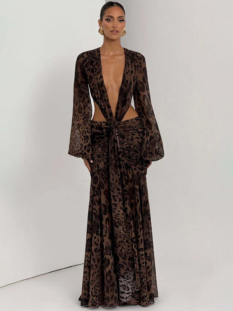 Leopard Print Long Sleeve Sexy Maxi Dress Women Fashion Hollow Out Backless Draped Ruched Bodycon Club Party Long Dress