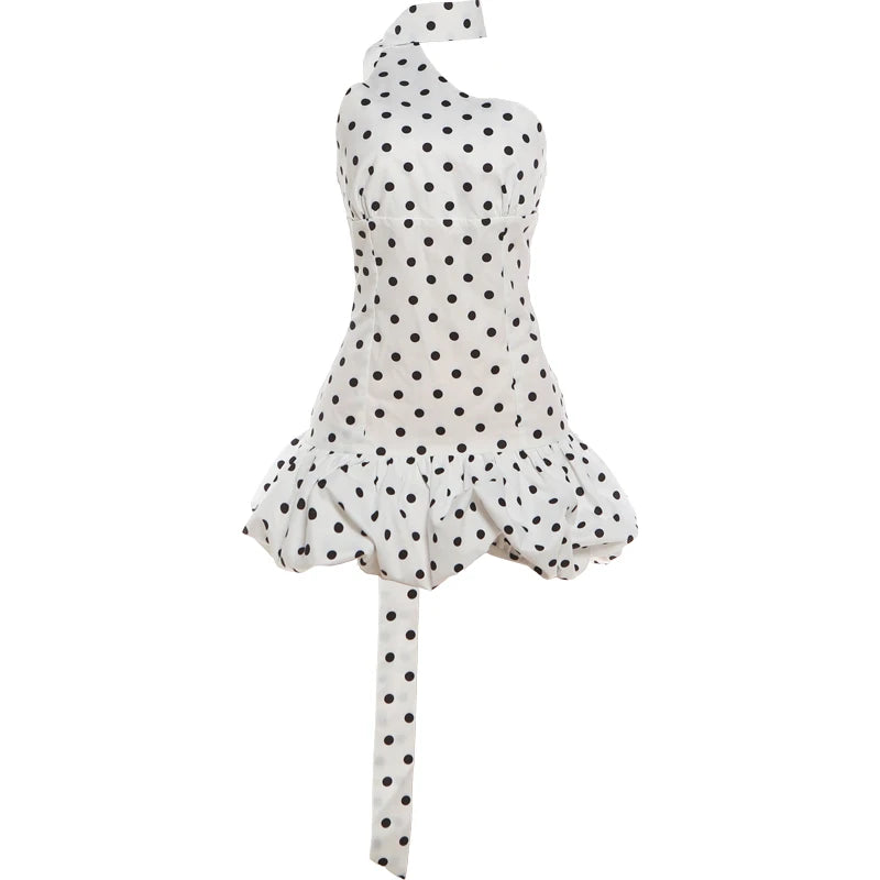 Polka Dot Print Dress Woman Irregular Skew Collar Halter Ribbon Backless Puffy Hem Y2K Style Elegant Mini Bodycon