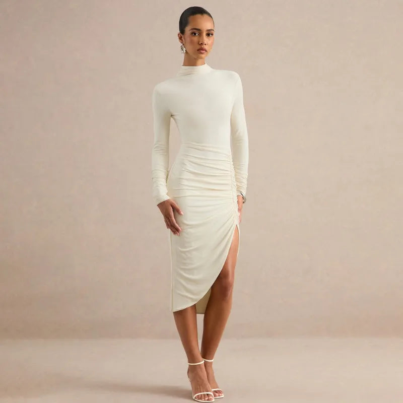 Long Sleeve Mock Neck Midi Dress Side Ruched High Split Fitted Elegant Autumn Dresses 2026