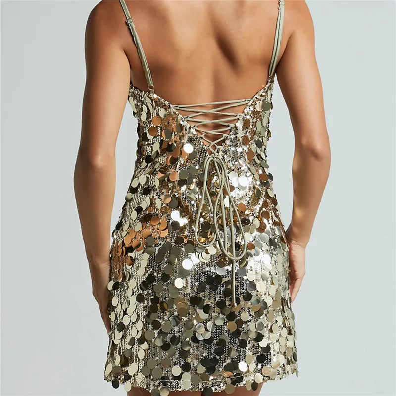 Women Sparkly Sequin Mini Dress Spaghetti Strap Open Back Lace Up Bodycon Dress for Nightclub Party and Birthday Outfits