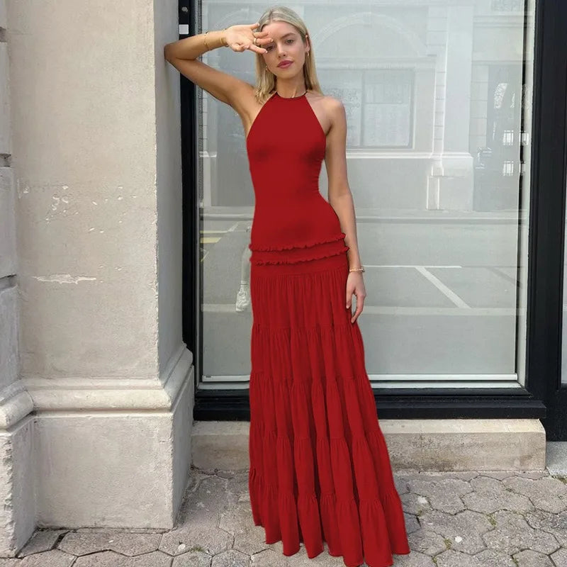 Halter Backless Frilly Maxi Dress Sexy Elegant Beach Party Fit and Flared Dresses Woman Vacation Outfits
