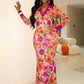 Art Print Maxi Dress Women Polo Collar Full Sleeve Skinny High Elasticity Autumn Fashion Prom Party Chic Vestidos