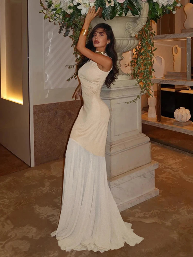 Patchwork Mesh Maxi Dress Women o-Neck Sleeveless Folds Skinny Elegant Banquet Fashion Vacation Classic Chic Vestidos