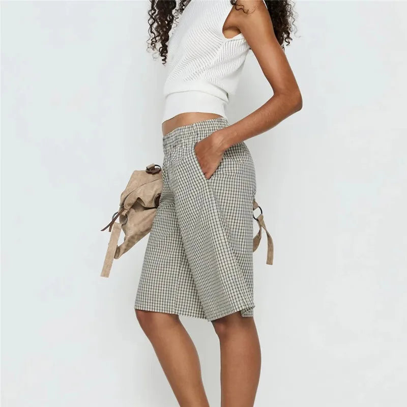 Vintage Plaid Check Bermuda Shorts Elastic Waist Loose Knee Length Trousers For Women Casual Summer Streetwear DailyWear
