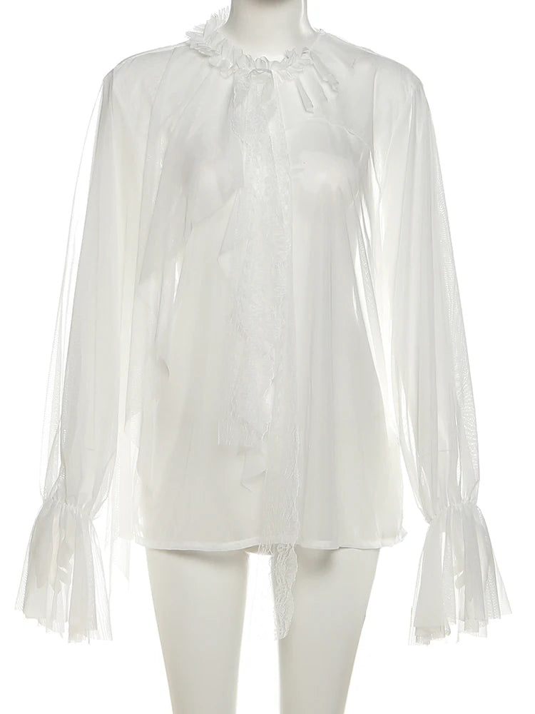 Sexy Mesh Coquette Top Women Lace Ribbon Backless Button Ruffles Pure Desire Wild Solid Street Midnight Clubwear Tees