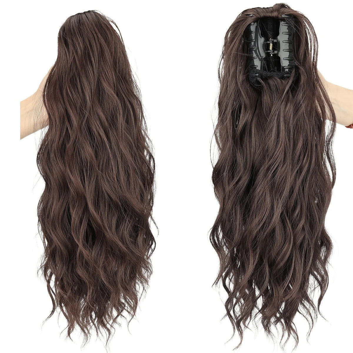 Synthetic Claw Clip Ponytail 18Inch Long Wavy Black Brown Heat Resistant Type Layered Horse Tail  Hair Extension