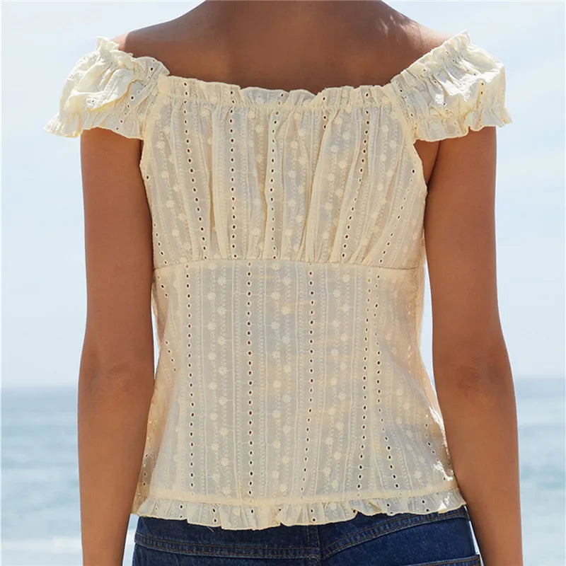 Boho Summer Eyelet Cutout Blouse Ladies Off The Shoulder Ruffle Trim V Neck Button Down Pleated Slim Fit Top Beachwear