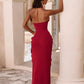 Elegant Backless Dress Women Sexy Fashion Halter Deep V-Neck Ruched Patchwork High Split Simple Banquet Party Bodycon