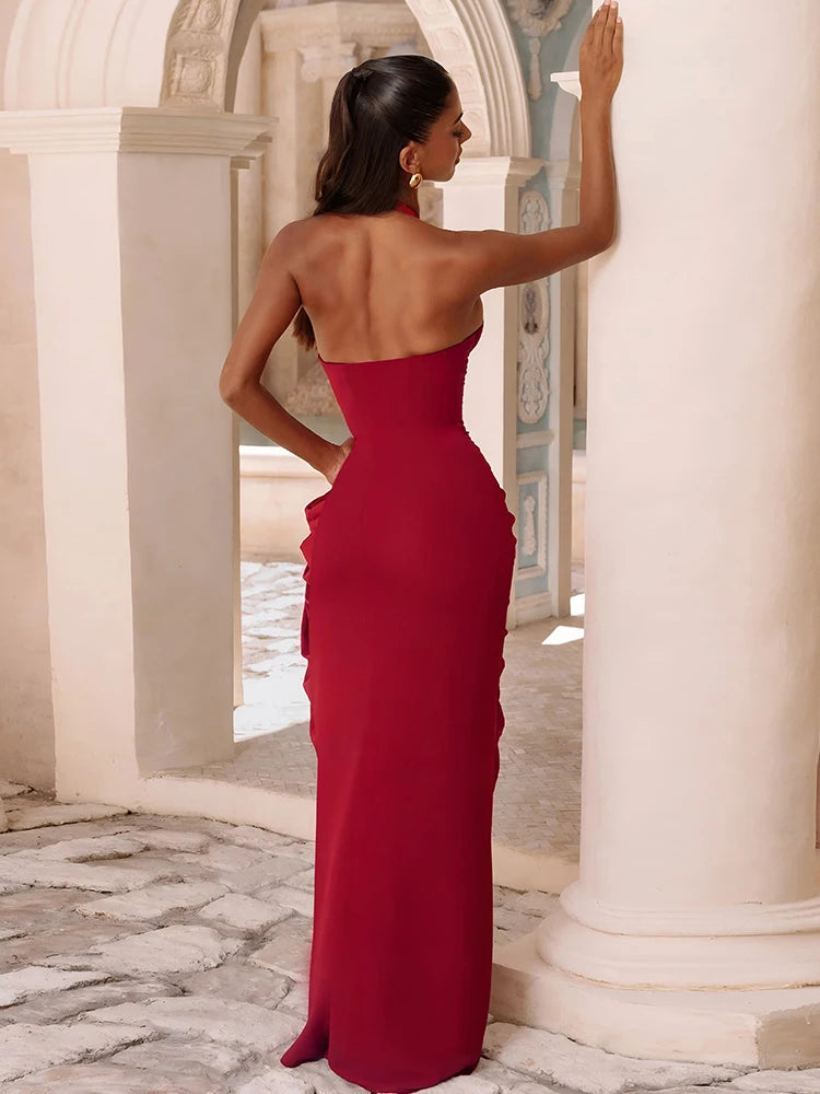 Elegant Backless Dress Women Sexy Fashion Halter Deep V-Neck Ruched Patchwork High Split Simple Banquet Party Bodycon