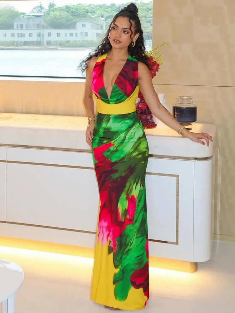 Colorful Print Dress Women Y2K Swing Collar Sleeveless Elegant Backless Trend Banquet Hipster Vacation Party Vestidos