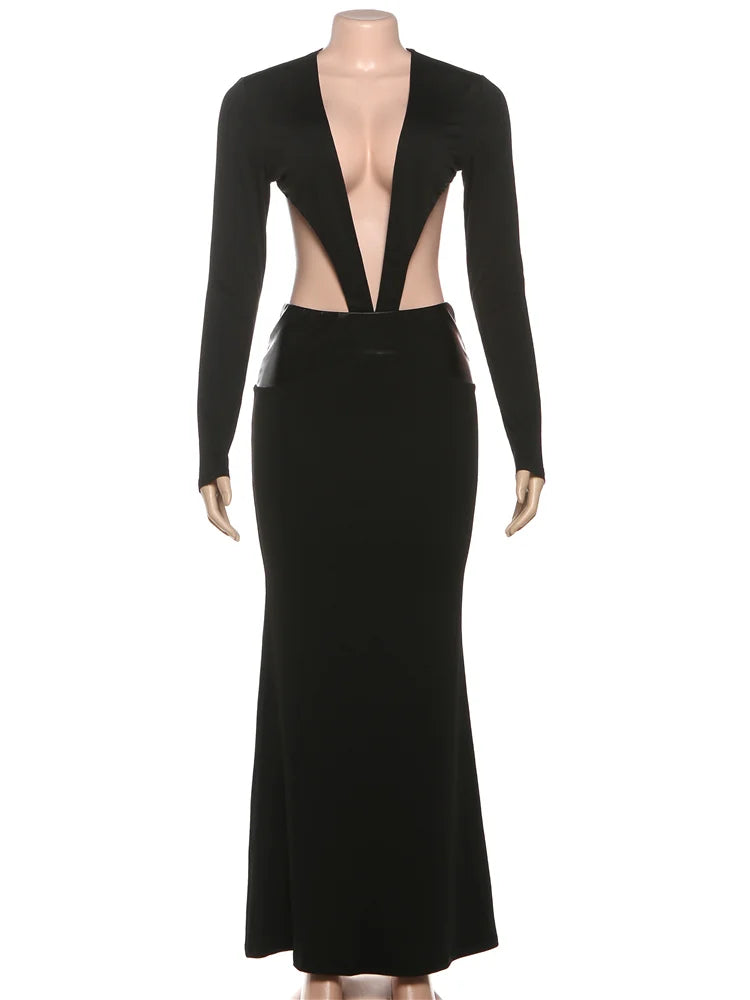 Hot Girls Leather Patchwork Long Dresses Woman Sexy Deep V-Neck Backless Full Sleeve Style High Street Elegant Vestidos