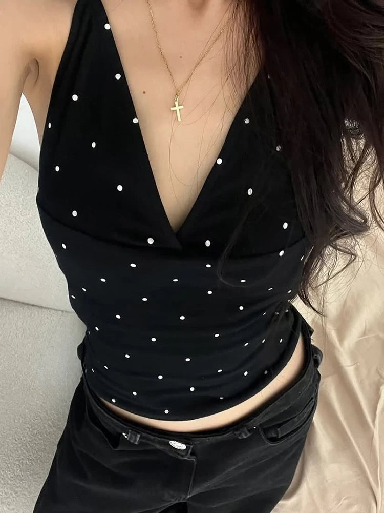 Polka Dot Print Tank Tops Women V-Neck Halter Lace-Up Backless Sleeveless Skinny Sexy Daily Street Summer Basic Vest