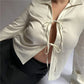 Elegant Satin Lapel Collar Shirt Women Long Sleeve Flare Cuff Tie Front Blouse Solid Color Silky V Neck Lace Up Cardigan