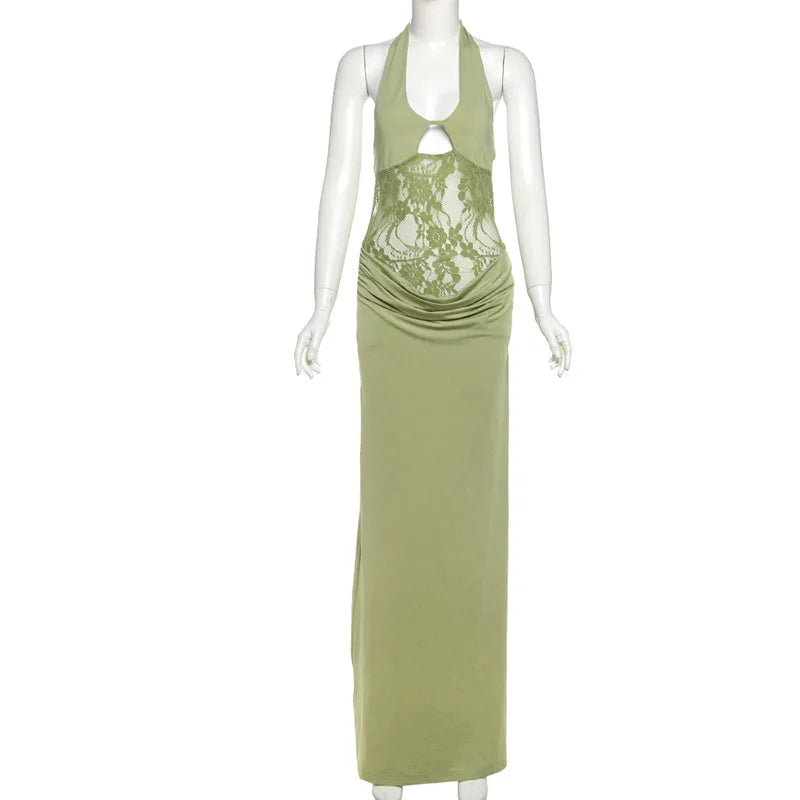 Green Lace Spliced Sheer Maxi Dress Beach Woman Elegant Sexy Vacation Backless Long Dresses Summer