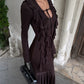 Sexy Ruffled Fringe Dress Women Lace-Up Ruched Patchwork U-Neck Full Sleeve Elegant Stretch Skinny Evening Bodycon