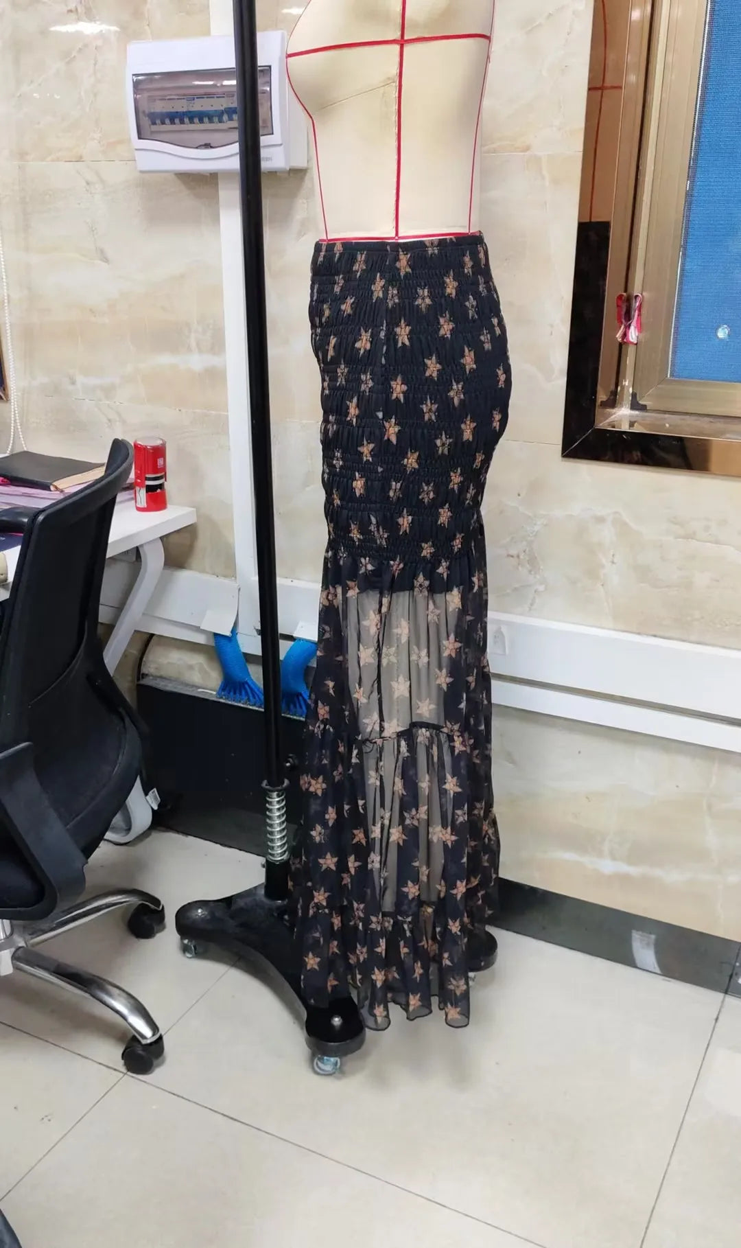 Coquette Star Print Maxi Skirt Women High Waist Smocked Tiered Ruffle Hem Semi Sheer Y2K Aesthetic Casual Streetwear