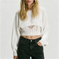 Women's Cropped Knit Shrug Sweater Open Back Round Neck Long Lantern Sleeve Loose Short Knit Top Streetwear Pullover