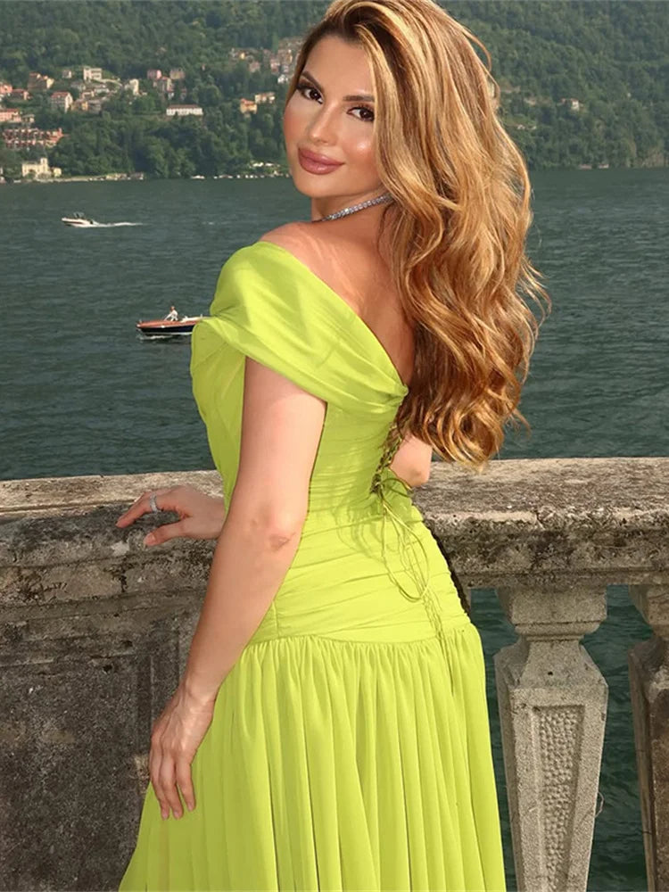 Shirring Dress Women Cross Slash Neck Elegant Patchwork Mesh Folds Stretchy Birthday Prom Evening Party Slim Vestidos