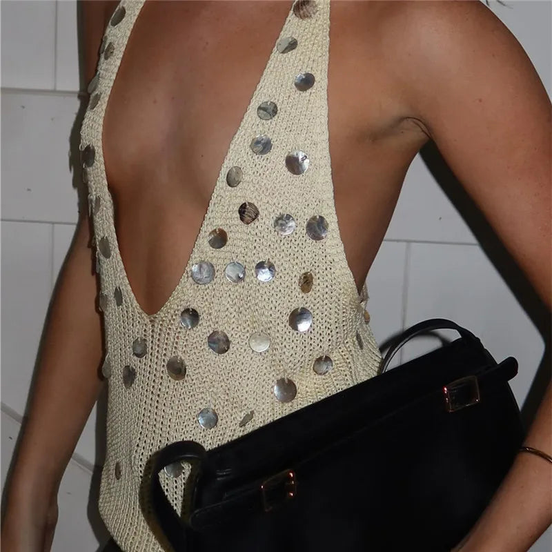 Halter Deep V Neck Vest Tops Summer Sleeveless Open Back Knitted Sequins Tank Tops Sexy Women's Party Clubwear
