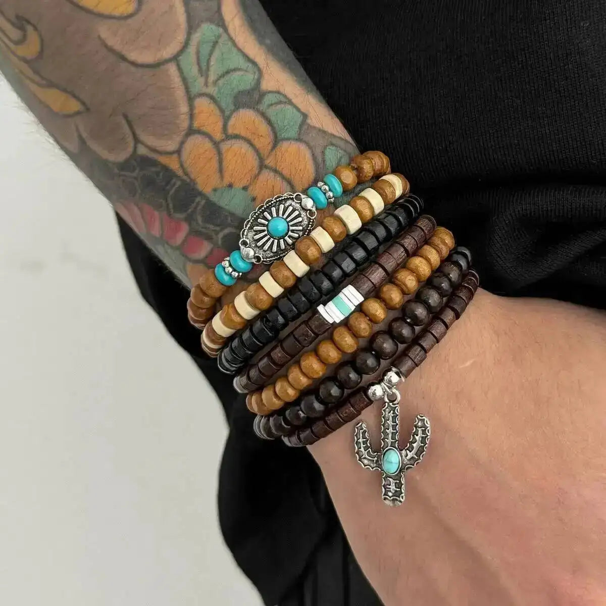 4 Styles Ethnic Boho Wooden Beads Chain Bracelets for Men Vintage Cactus Coin Pendant Elastic Bangles Couple Jewelry