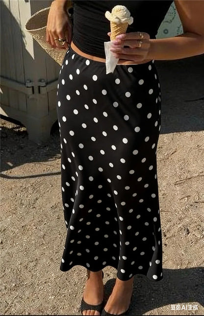 French Vintage Polka Dot Satin Skirt High Waist Silky Midi Skirt Elegant Retro Print For Women Summer Y2K Streetwear