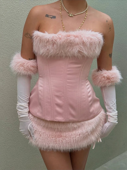 Simple Christmas Furry Skirt Women Winter Trend Sweet Hottie Peach Hip Wild Birthday Party Street Clubwear Chic Bottom