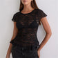 Women's Floral Lace Sheer T Shirt Blouse Short Sleeve Round Neck Ruffle Hem Fitted See-Through Top for Casual Party