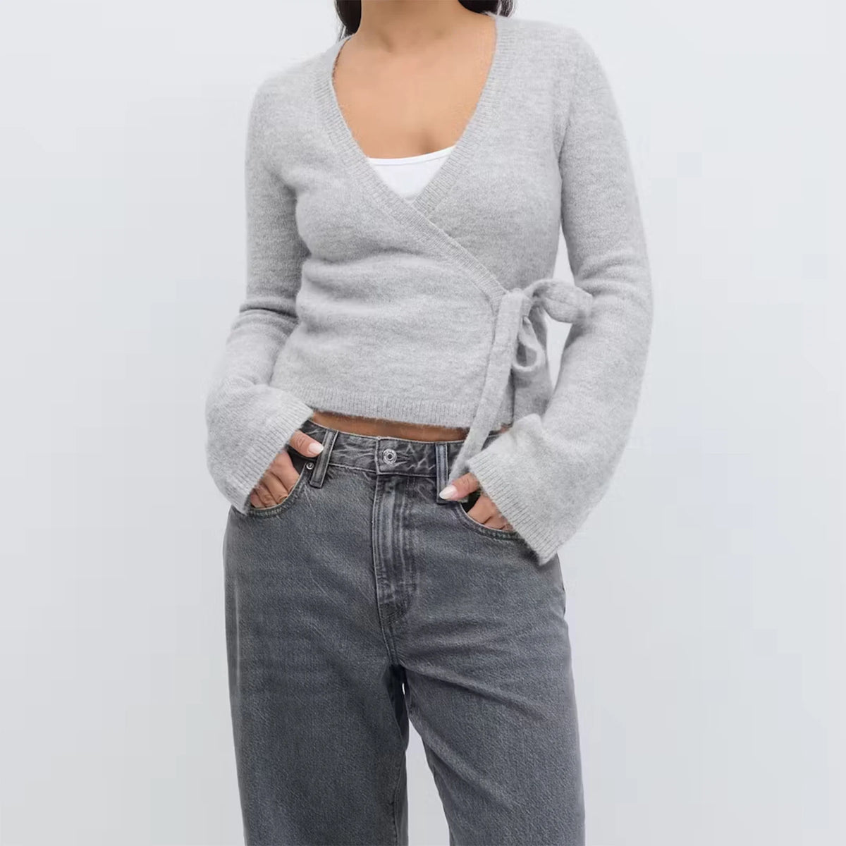 Wrap Sweater Tops for Women Lightweight Side Tie Front Ballet Wrap Cardigan Elegant V Neck Fitted Cropped Sweaters