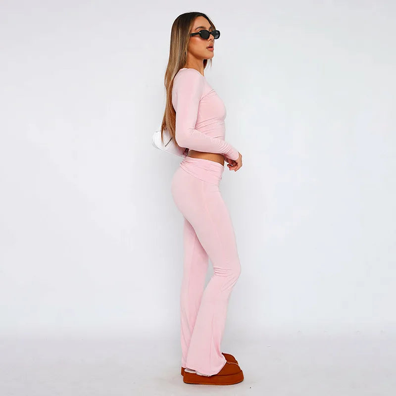 Casual Pink 2 Pieces Sets Womens Outfits for Winter Y2k Clothes Long Sleeve Top and Low Waist Flare Pants Sets