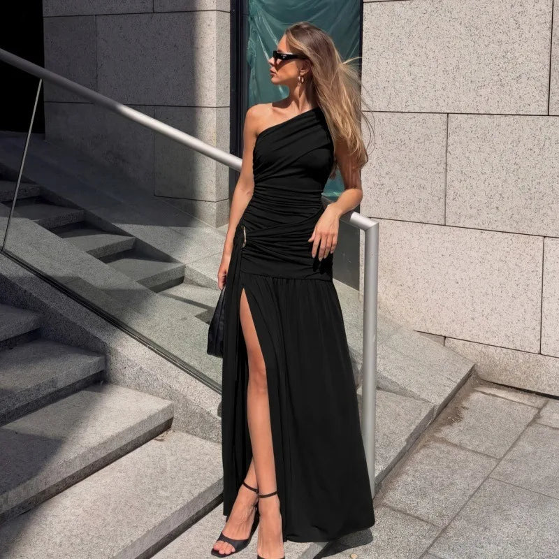 Asymmetric One Shoulder High Slit Maxi Dress Green Evening Party Dresses Woman Elegant Luxury