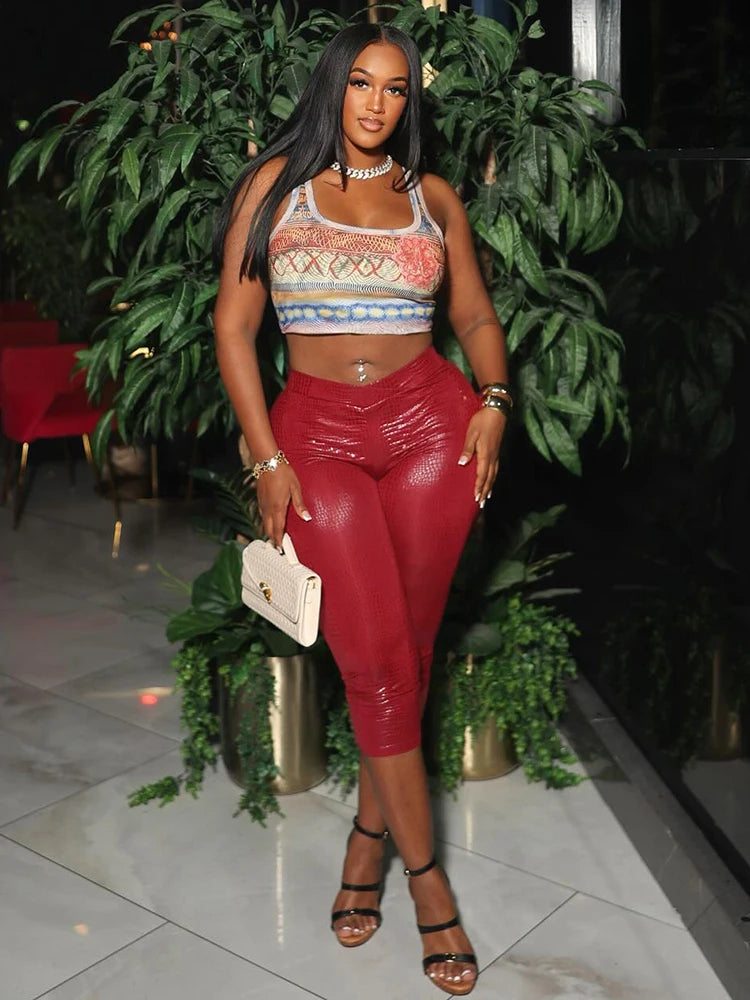 Serpent Crop Pants Women Silky Glossy Sexy Wild Skinny Basic Streetwear Hipster Summer Trend Clubwear Bike Shorts