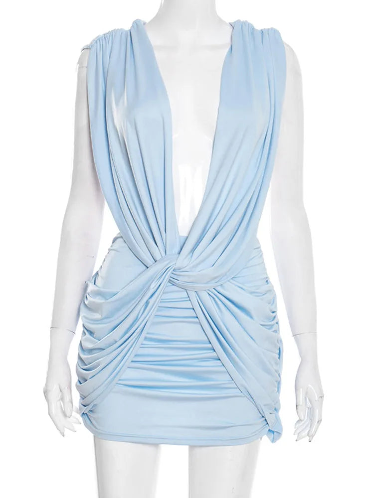 Deep V Neck Sleeveless Sexy Mini Dress Women Elegant Hollow Out Backless High Waist Ruched Skinny Club Party Dresses
