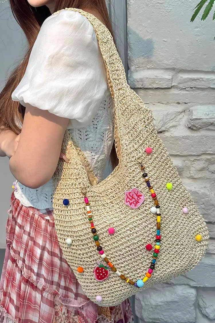 Women's Boho Crochet Straw Shoulder Bag with Colorful Beads, Large Summer Beach Tote Bag, Casual Vacation Handbag