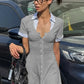 Fashion Patchwork Button Up Short Sleeve Shirt Dress Woman Clothes Office Casual White Black Grey Mini Dress
