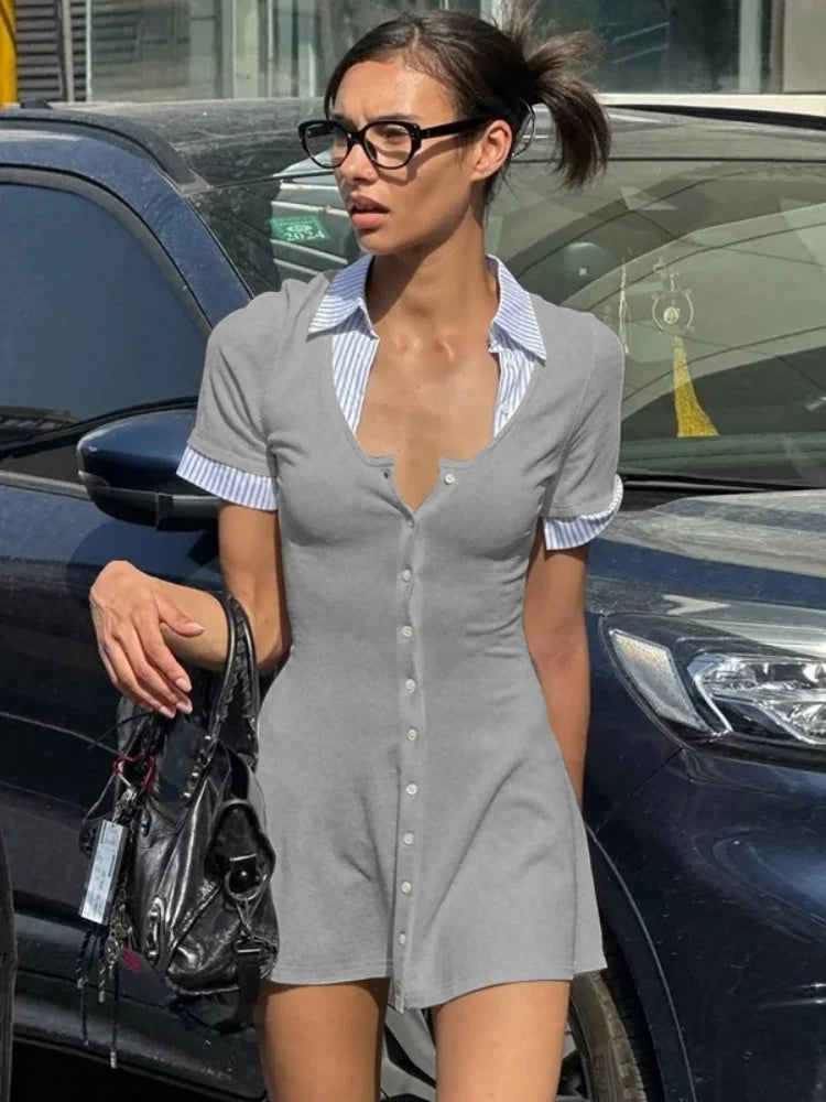 Fashion Patchwork Button Up Short Sleeve Shirt Dress Woman Clothes Office Casual White Black Grey Mini Dress