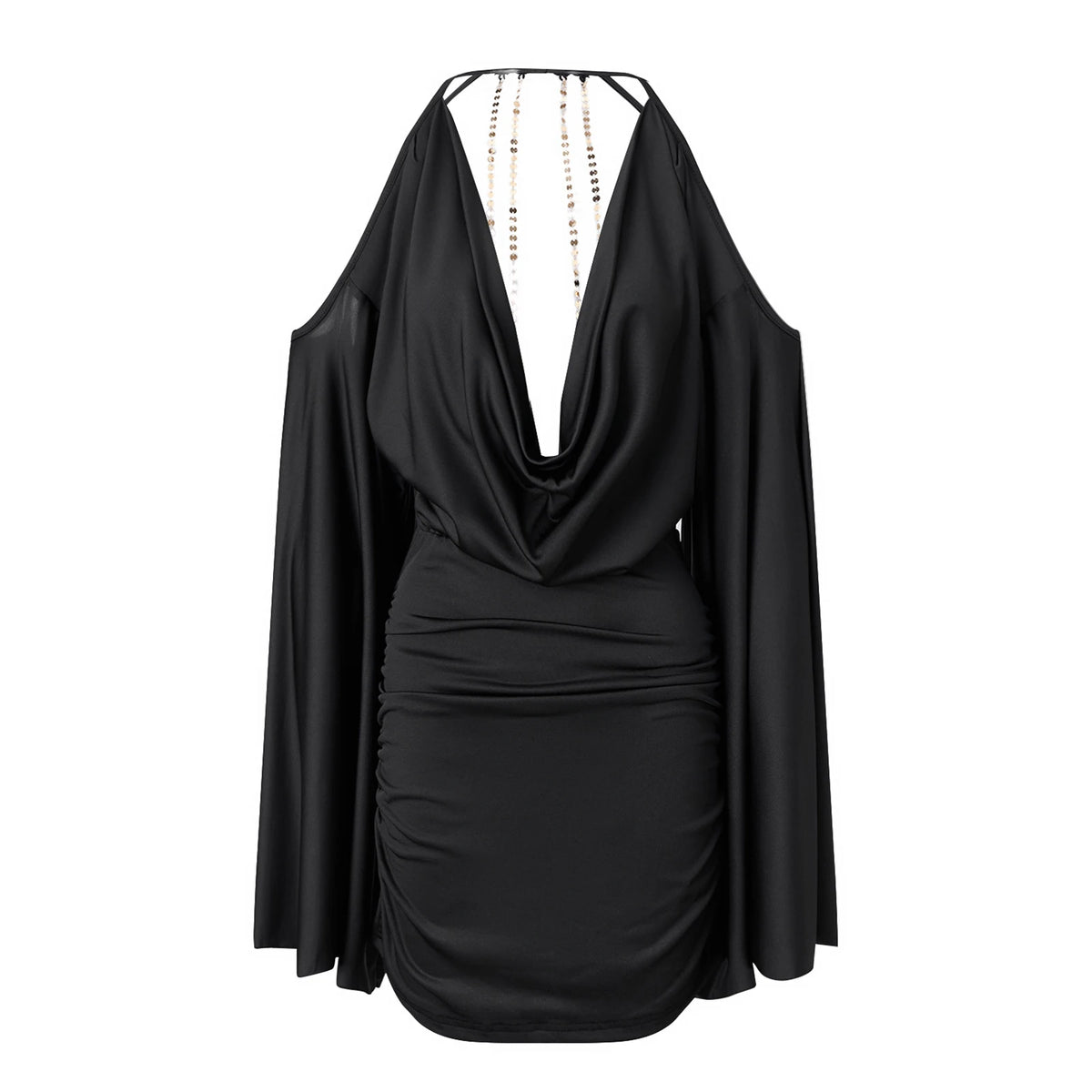 Women Bodycon Mini Dress Cold Shoulder Flare Long Sleeve Halter Backless Dress Sequin Butterfly Chain Back PartyClubwear