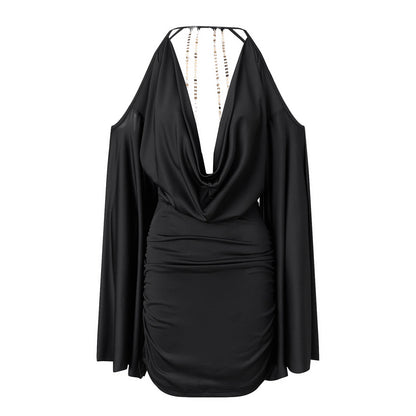 Women Bodycon Mini Dress Cold Shoulder Flare Long Sleeve Halter Backless Dress Sequin Butterfly Chain Back PartyClubwear