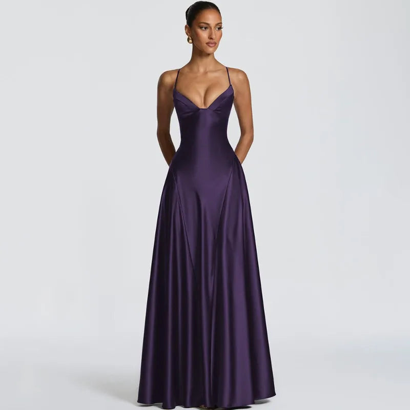 Spaghetti Strap Deep V Neck Backless Maxi Dress Satin Purple Party Dresses Woman Elegant Luxury Ball Gowns