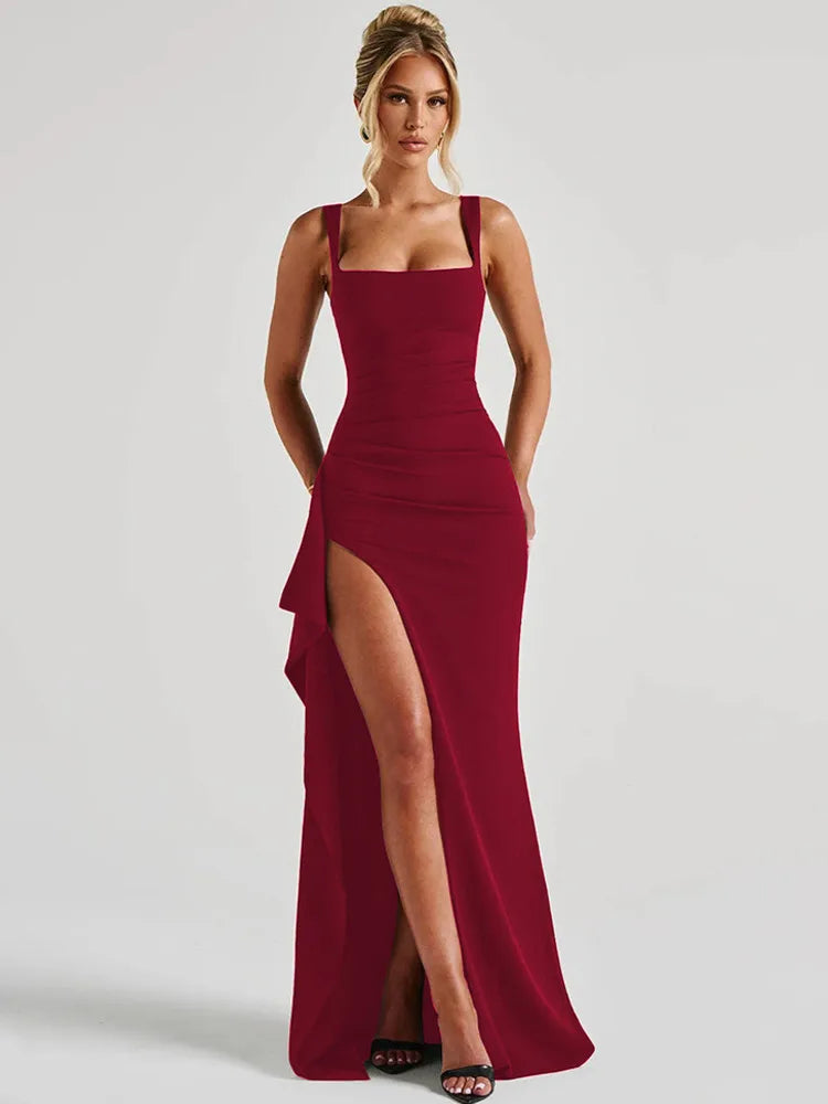 Elegant Spaghetti Strap Sexy Maxi Dress Women Gown Fashion Sleeveless Backless Thigh High Split Draped Club Long Dress