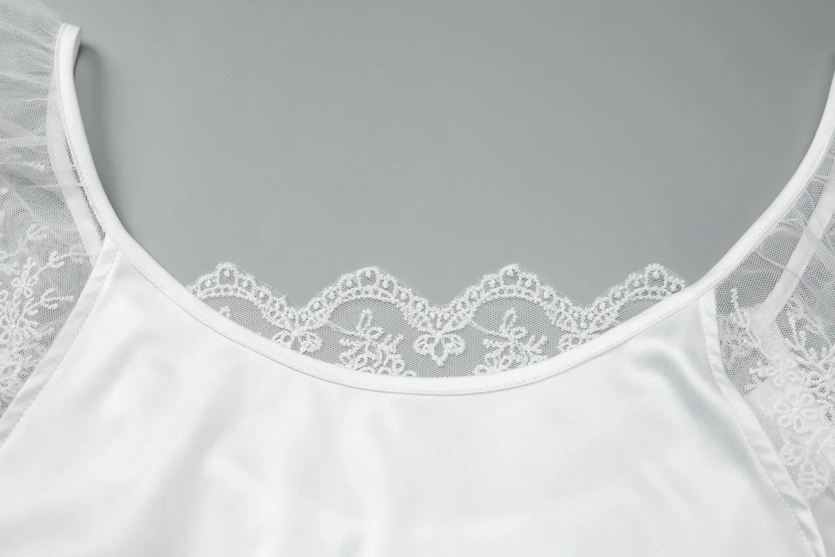 Lace Trim Satin White Dresses for Woman Summer 2026 Square Neck Short Sleeve Mini Dress