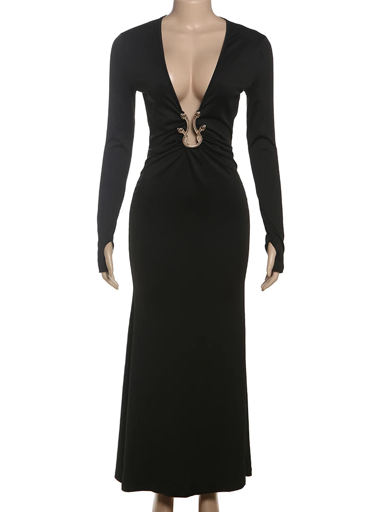 Metal  Ruched Dress Women Deep V-Neck Long Sleeve Sexy Stretch Elegant Banquet Hipster Birthday Prom Party Vestidos