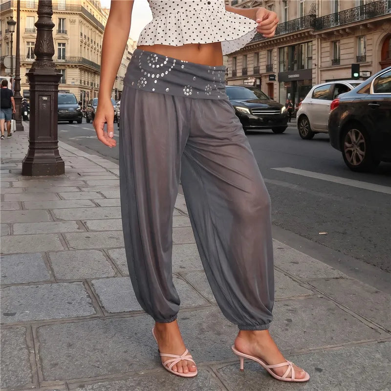 Sheer Mesh Harem Pants for Women with Rhinestone Waistband Low Waist Loose See-Through Beach Cover Up Trousers