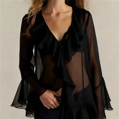 Women Sheer Lace Ruffled Flowy Tops Chiffon Frilly Layered Bell Sleeve Pirate Top Sexy See Through Blouse Mesh Shirt