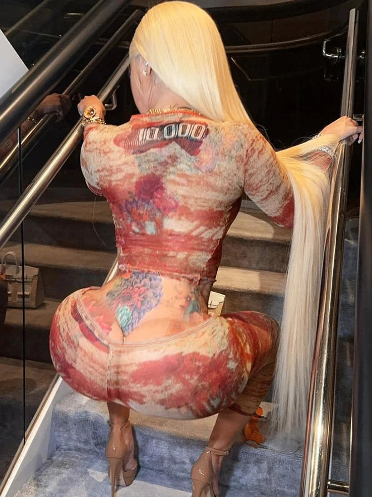 See Through Women 2 Piece Set Sexy Print Coquette Crop Tops+Leggings Stretch Tight Clubwear Matching Summer Outfits