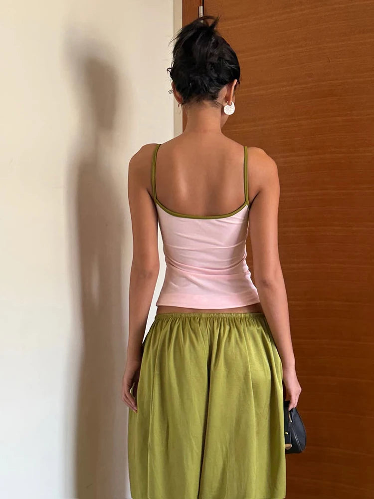 High Street 2 Piece Set Woman Color Blocking Low-Neck Backless Navel Exposed Camisole+Straight Pants Casual Fashion Suit
