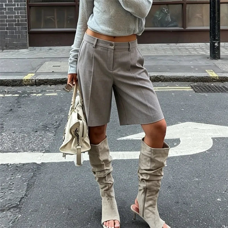 Women High Waist Pleated Bermuda Shorts Knee Length Wide Leg Suit Shorts Zipper Fly Casual Office Trouser Shorts