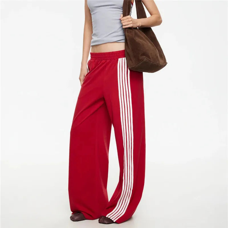 Y2K Women Side Striped Wide Leg Sweatpants Elastic Waist Loose Floor‑Length Sport Trousers Streetwear Casual Pants