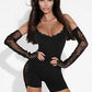 Lace Long Sleeve Sexy Playsuit Women Romper Black Patchwork Spaghetti Strap Off-shoulder Backless Club Playsuits