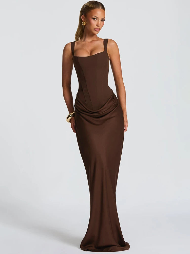 Elegant Backless Sexy Maxi Dress Women Gown Fashion Square Collar Sleeveless Skinny Ruched Club Party Long Dresses