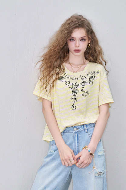 Cute Cartoon Doodle Print Striped T-Shirt, Crew Neck Oversized Casual Tee, Sweet Loose Top for Women